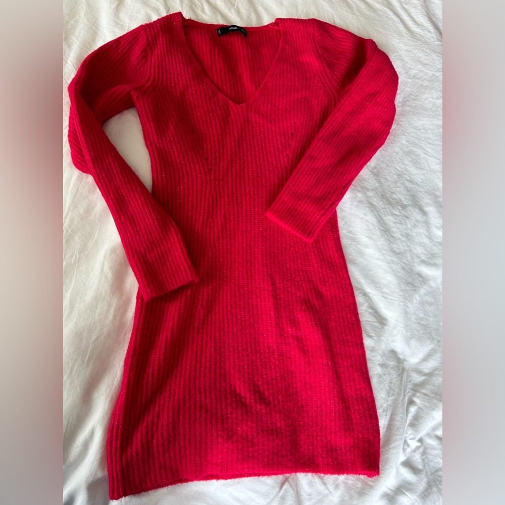 Mango knitted v neck mini dress in fuchsia